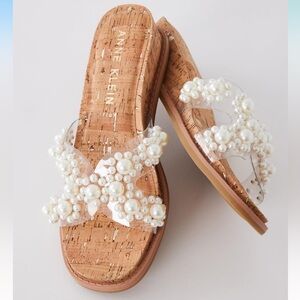 Anne Klein NWOT Brianna Women's Pearl Embellished Cork Wedge Sandals Size 10M